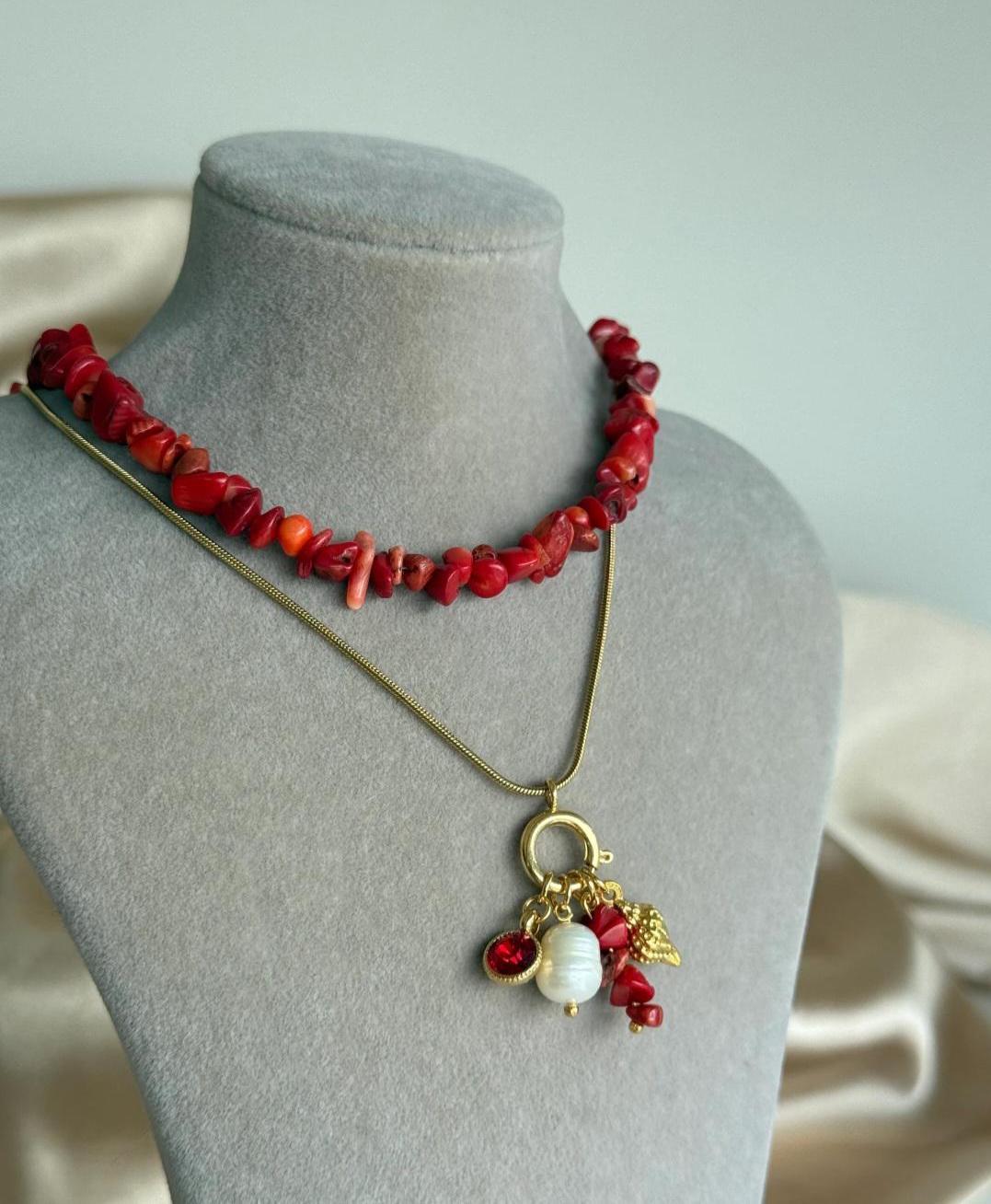 El Yapımı Ayarlanabilir Mercan İnci Değerli Taşlı Bohem Şık Tılsım Kolye