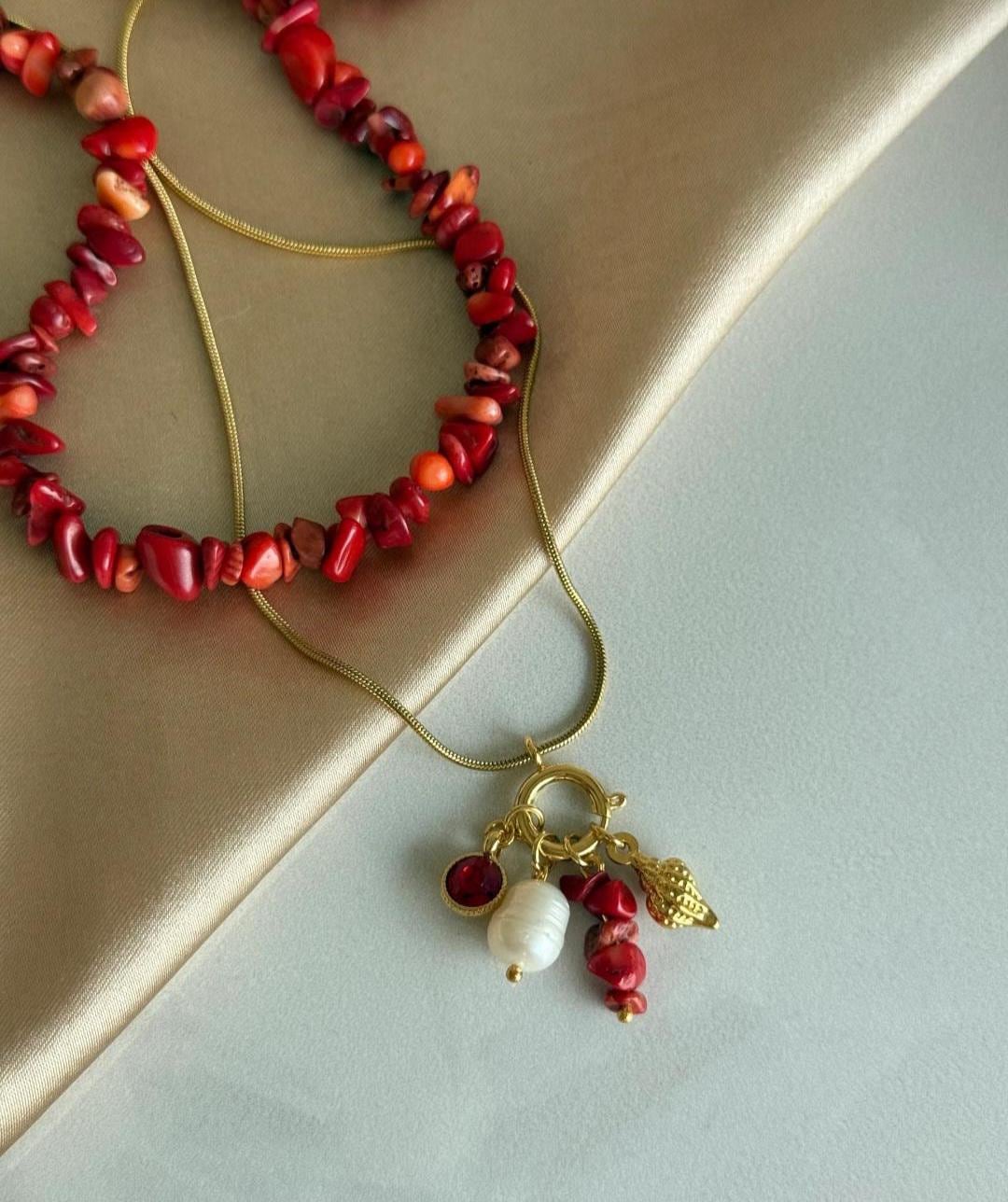 El Yapımı Ayarlanabilir Mercan İnci Değerli Taşlı Bohem Şık Tılsım Kolye