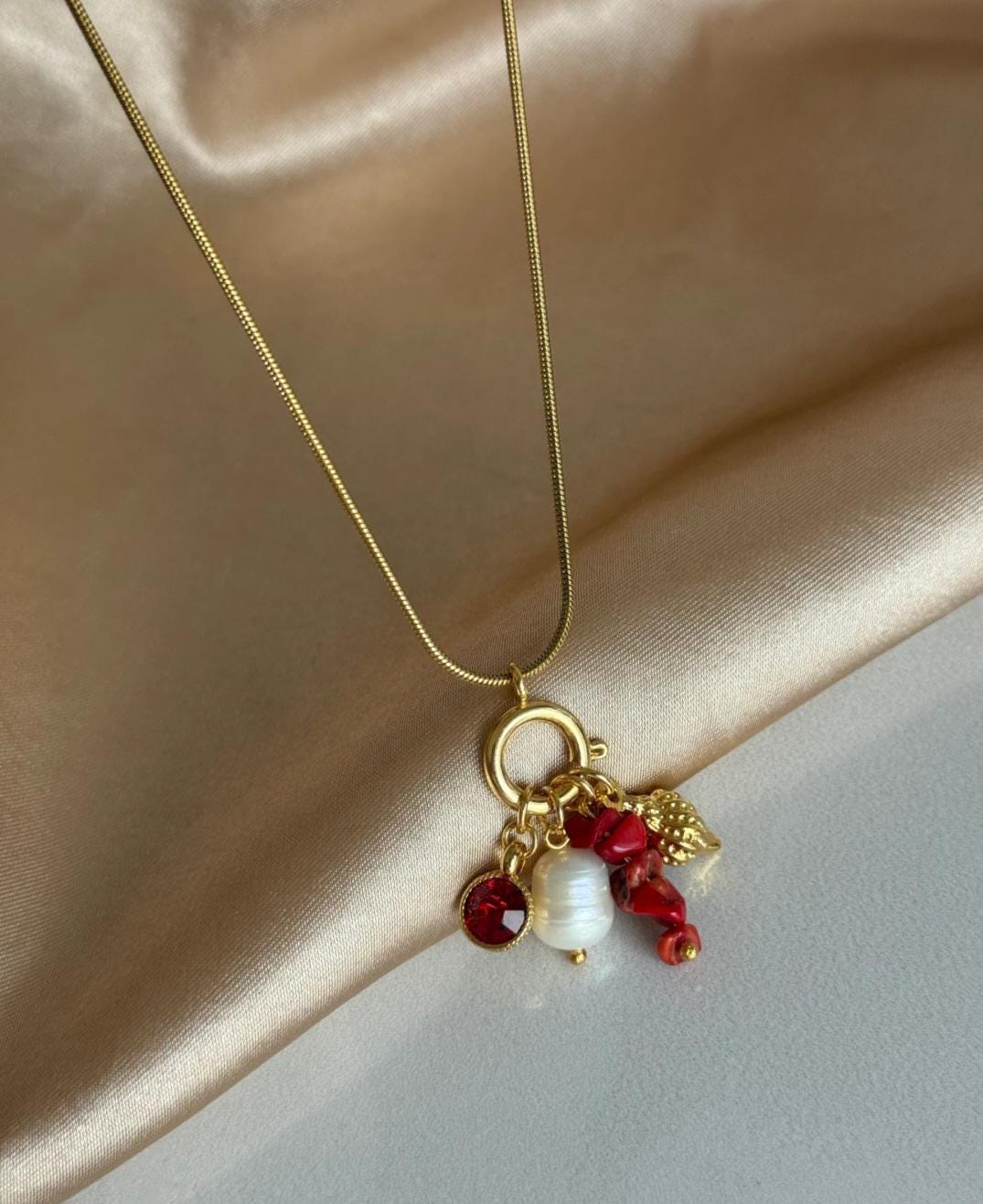 El Yapımı Ayarlanabilir Mercan İnci Değerli Taşlı Bohem Şık Tılsım Kolye